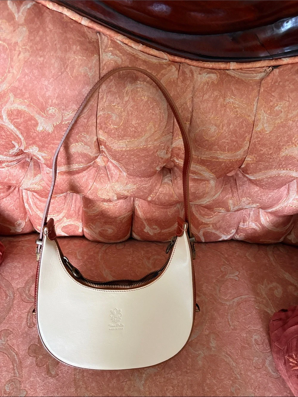 Cream & Tan Genuine Leather Crescent Shoulder with adjustable strap. NNT